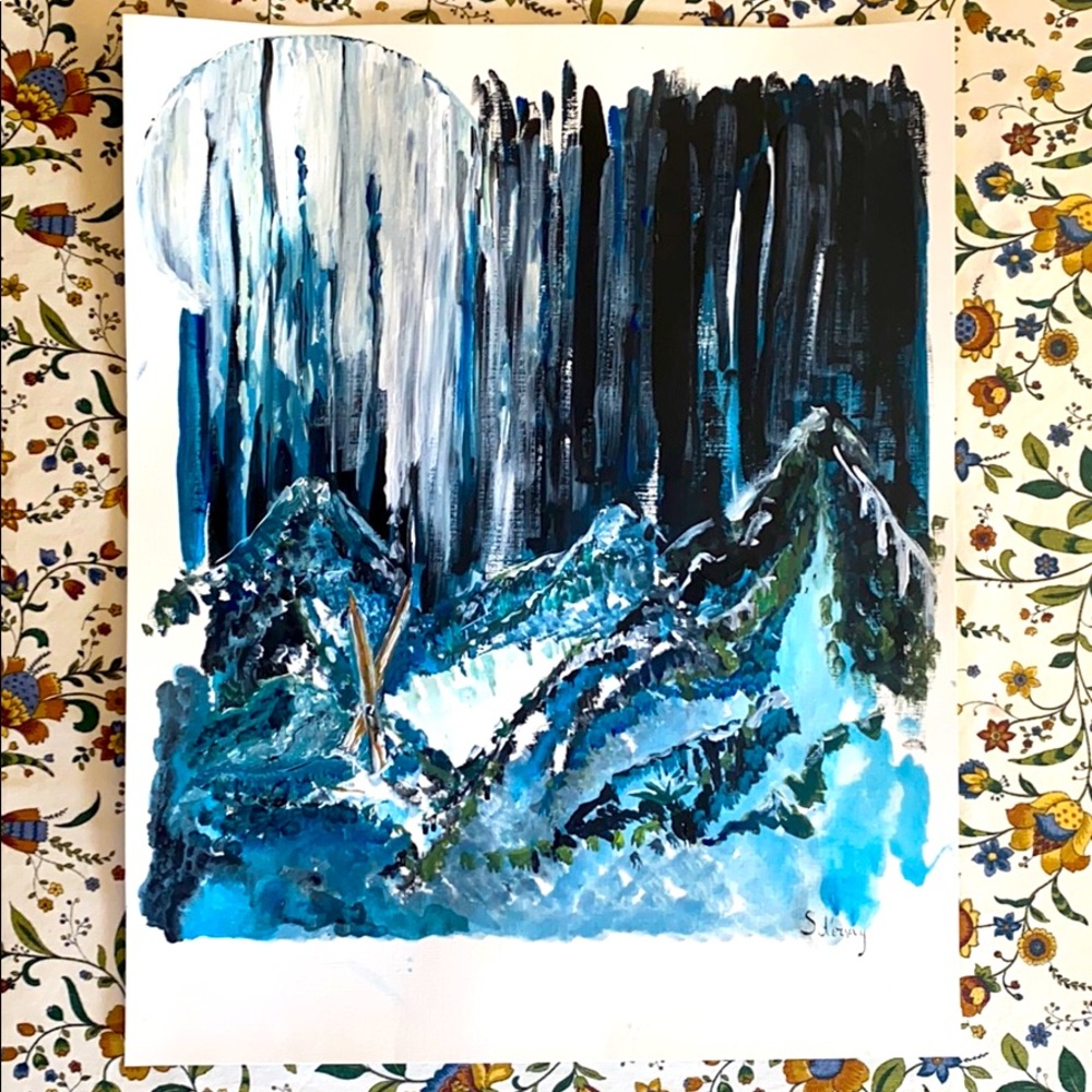 Moonlight Vermont Ski Original Painting Acrylic on Canvas